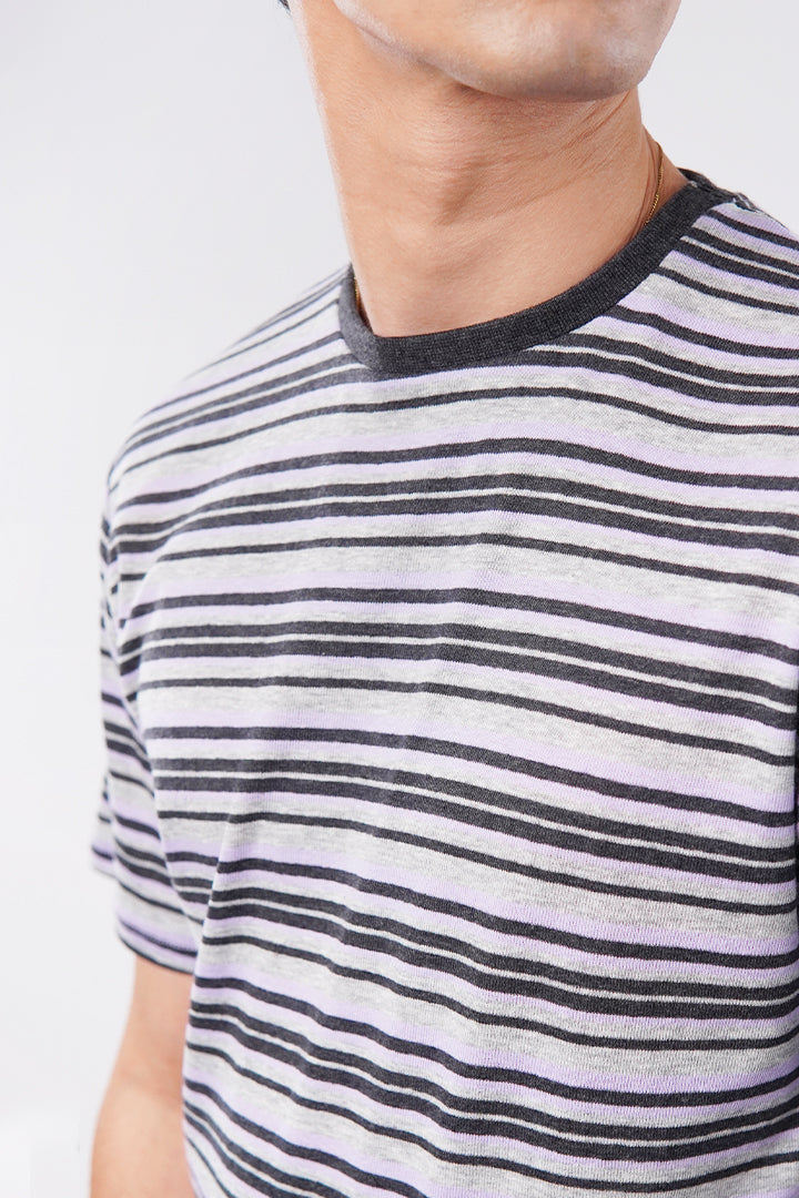 Striped Curved Hem T-Shirt - Heather Grey alternate view