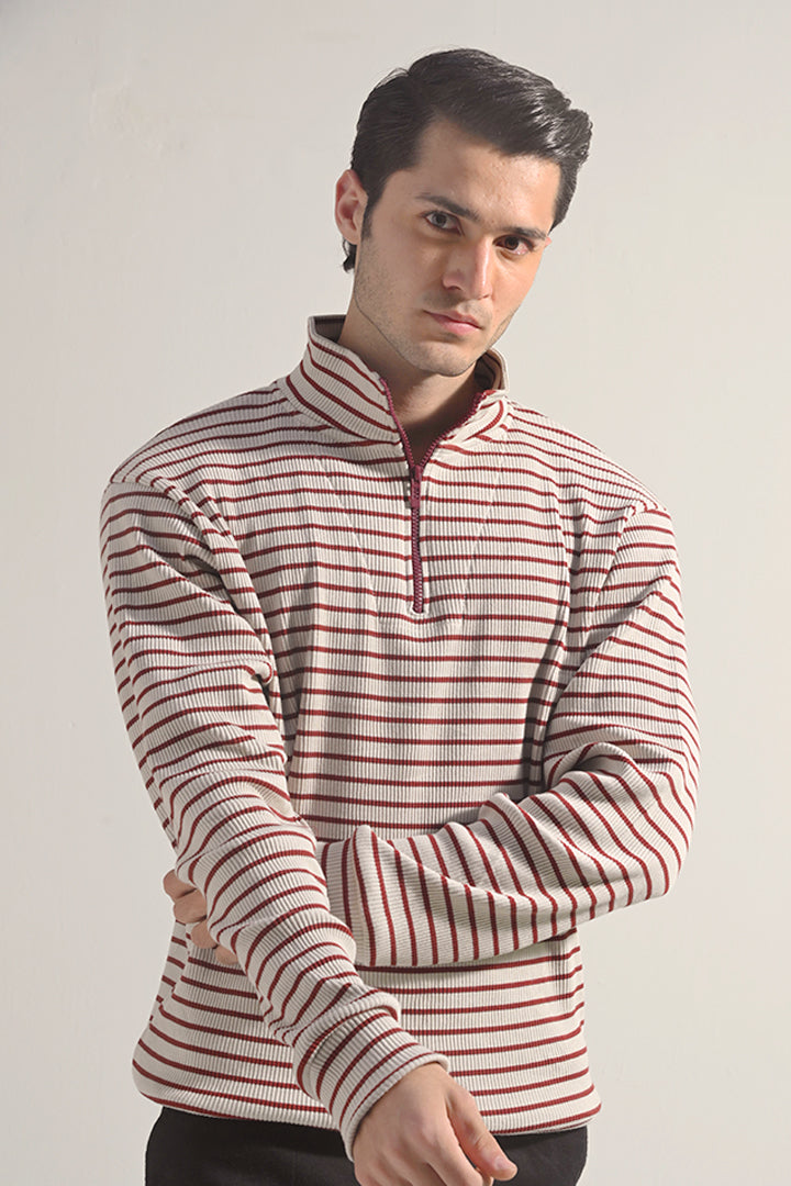 Striped Half Zipper Sweatshirt - Beige
