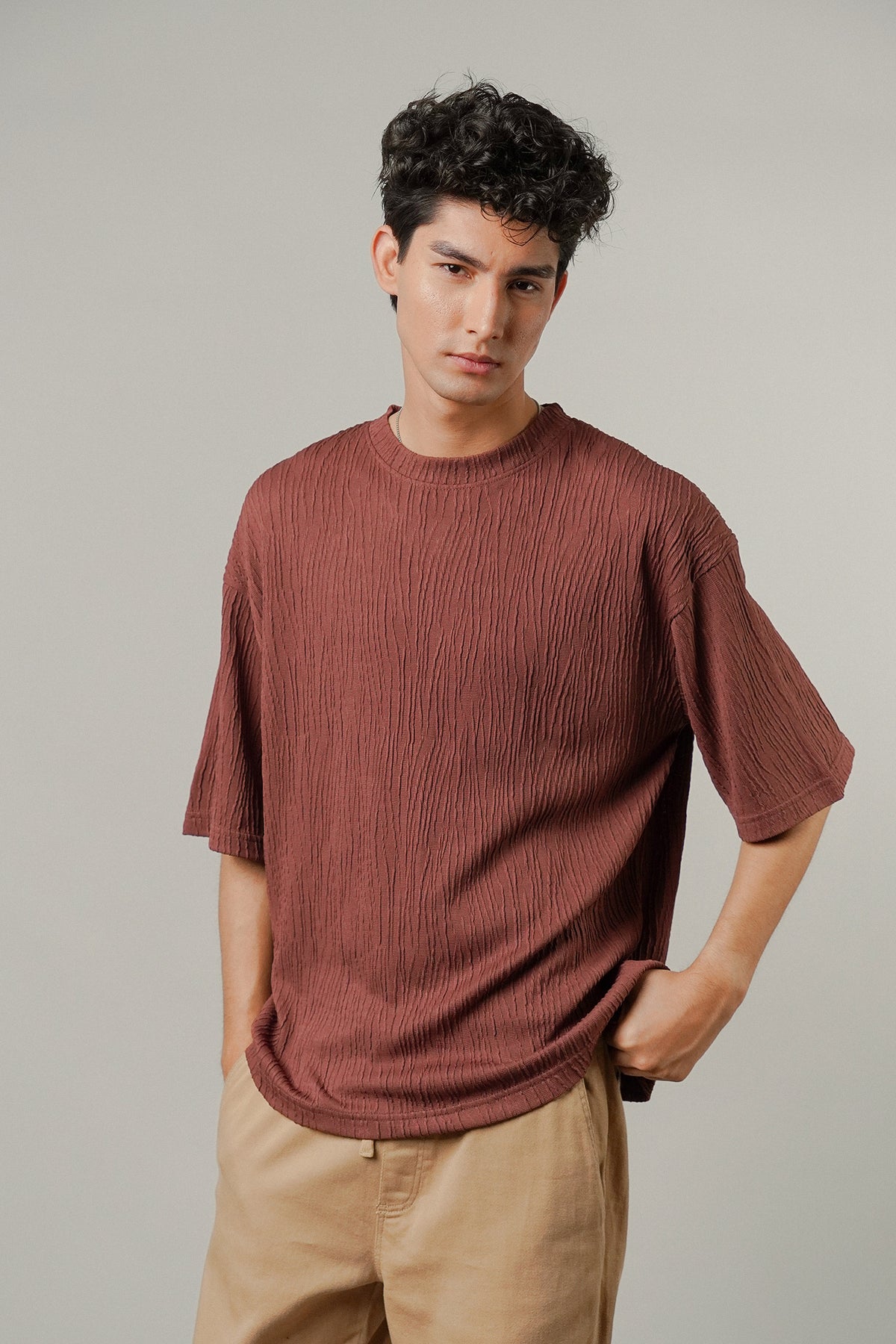 Oversized Textured Tee - Wine