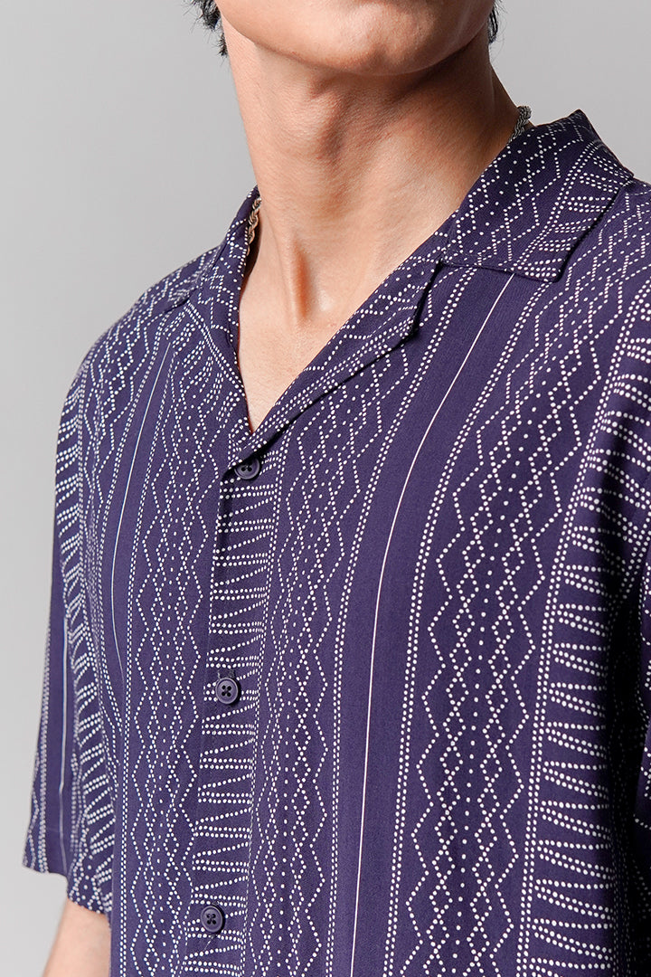 Printed Linen Cuban Shirt - Navy Blue alternate view