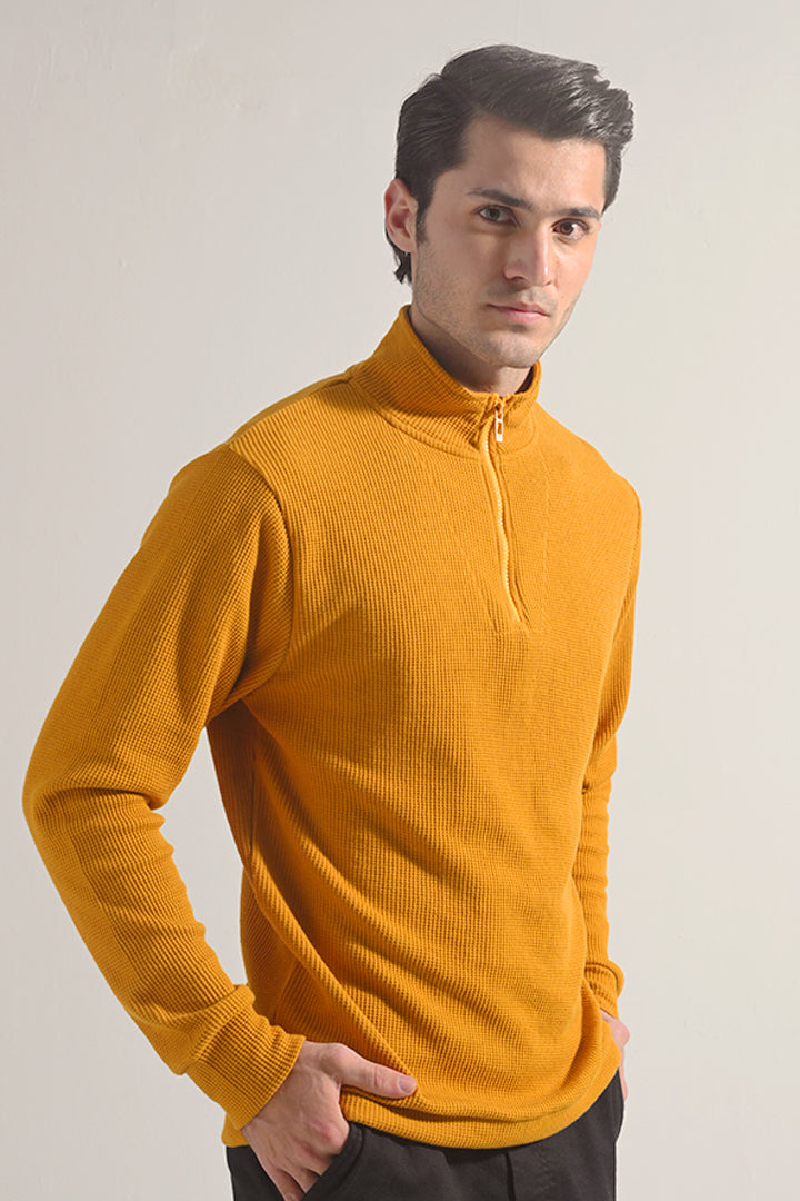 Textured Half Zipper Sweatshirt - Mustard - FA