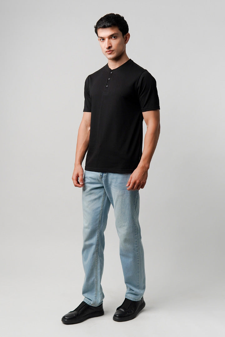 Regular Fit Henley T-Shirt - Black