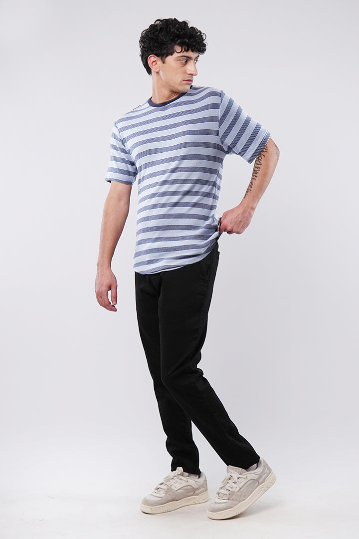 Striped Curved Hem T-Shirt - Sky Blue