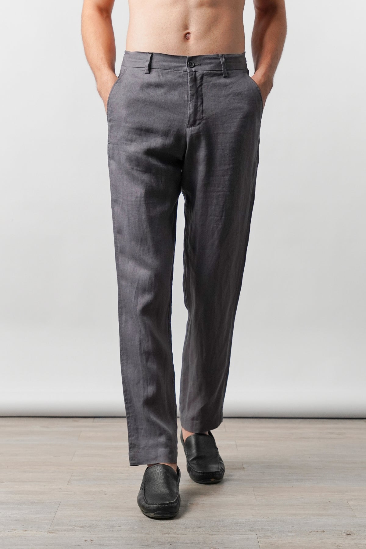 Straight Fit Linen Pants - Grey