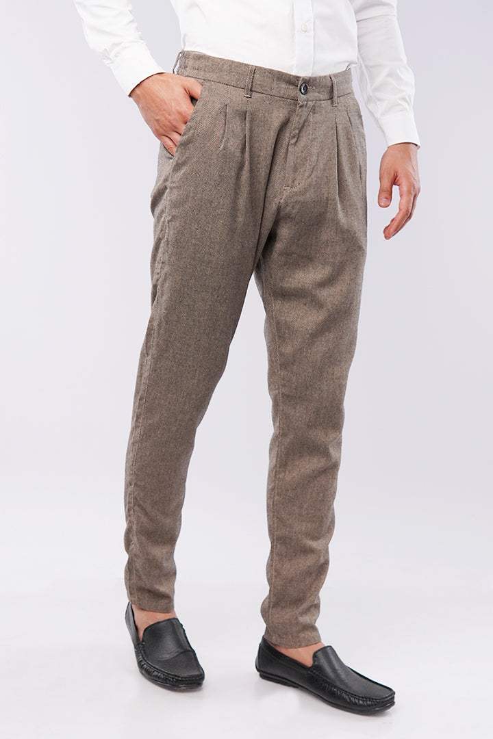 Herringbone Pleated Pants - Brown