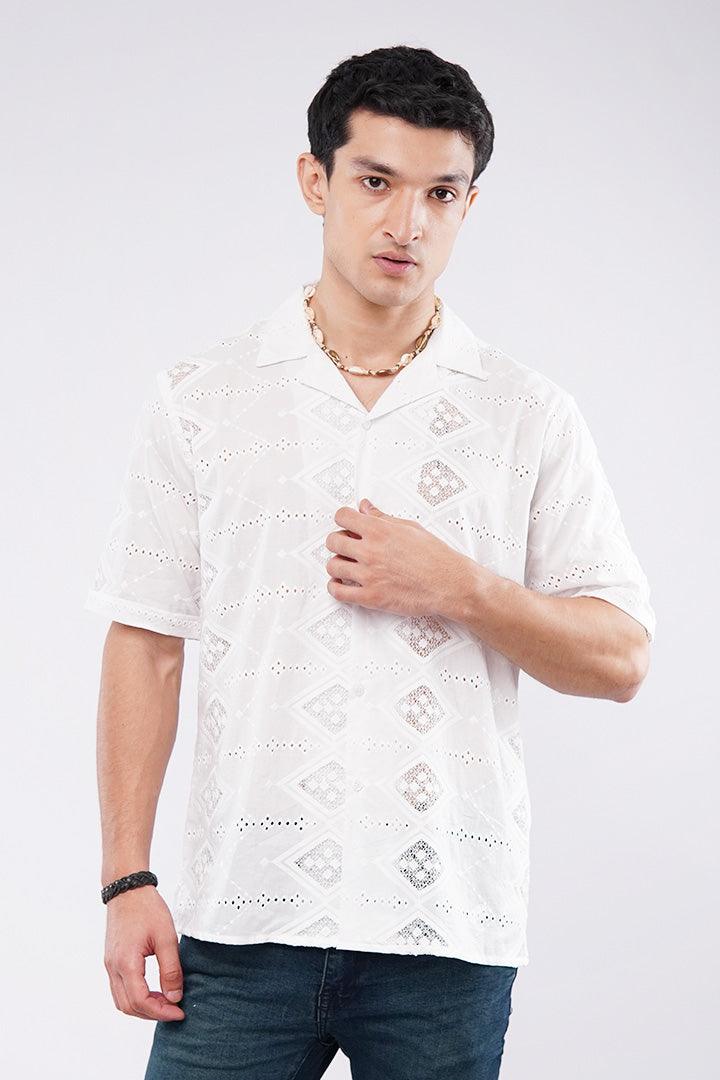 Embroidered Diamond Cuban Shirt - White - FA