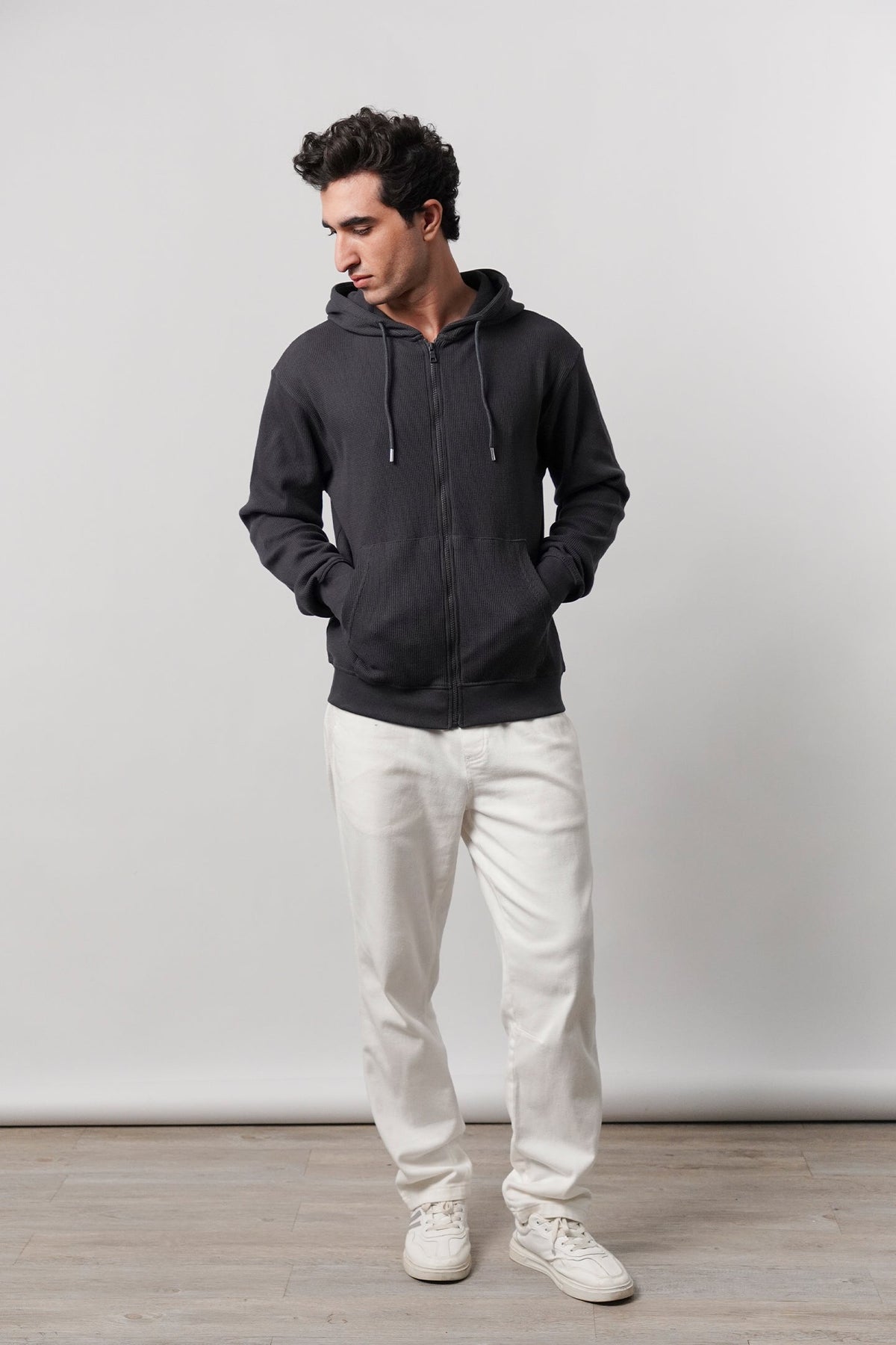 Textured Zipper Hoodie - Charcoal Grey - FA