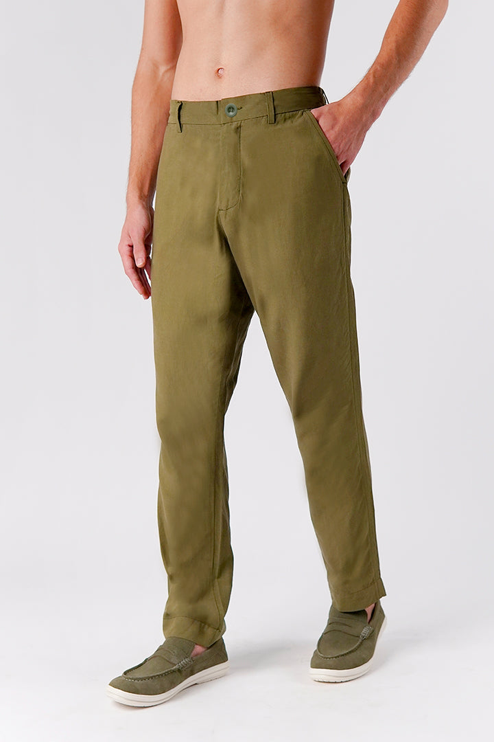 Straight Fit Linen Pants - Olive - FA
