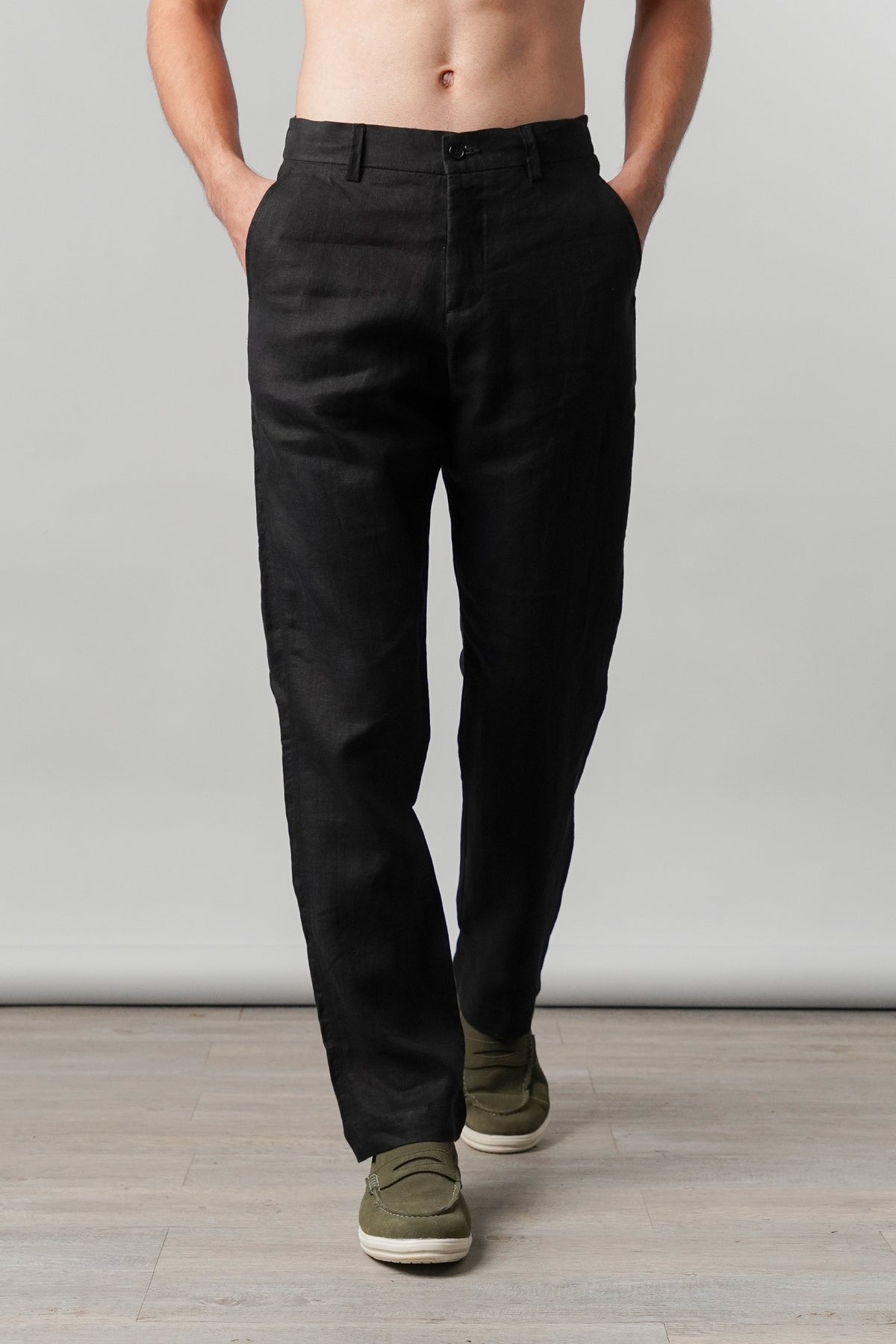 Straight Fit Linen Pants - Black