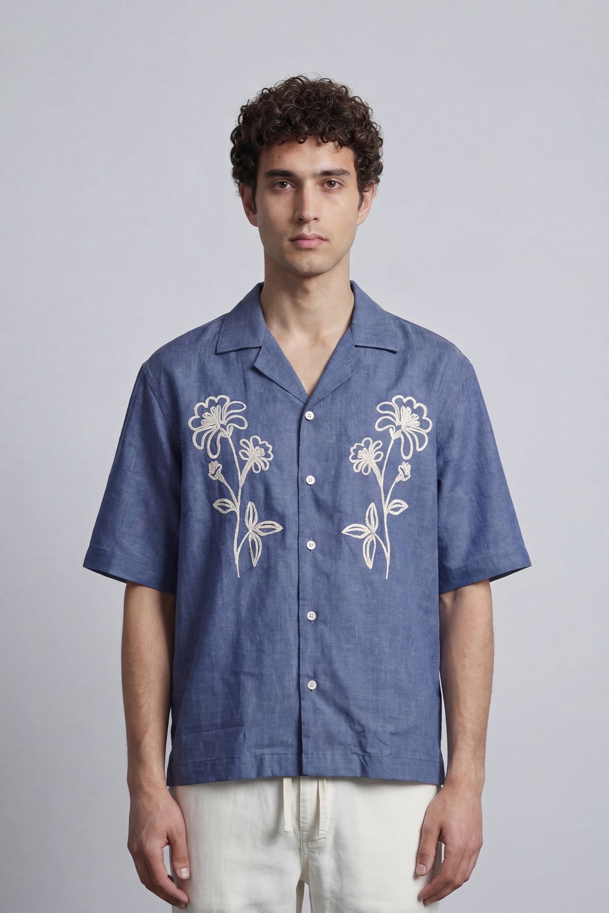 Embroidered Cuban Shirt - Blue