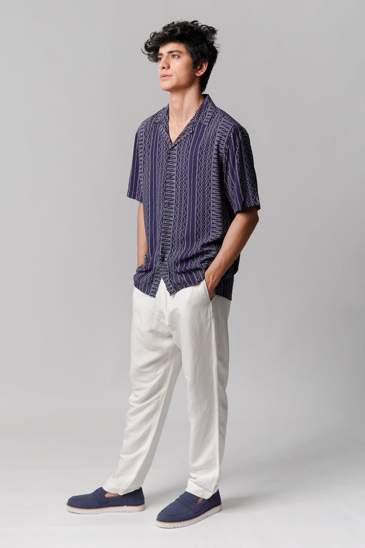 Printed Linen Cuban Shirt - Navy Blue
