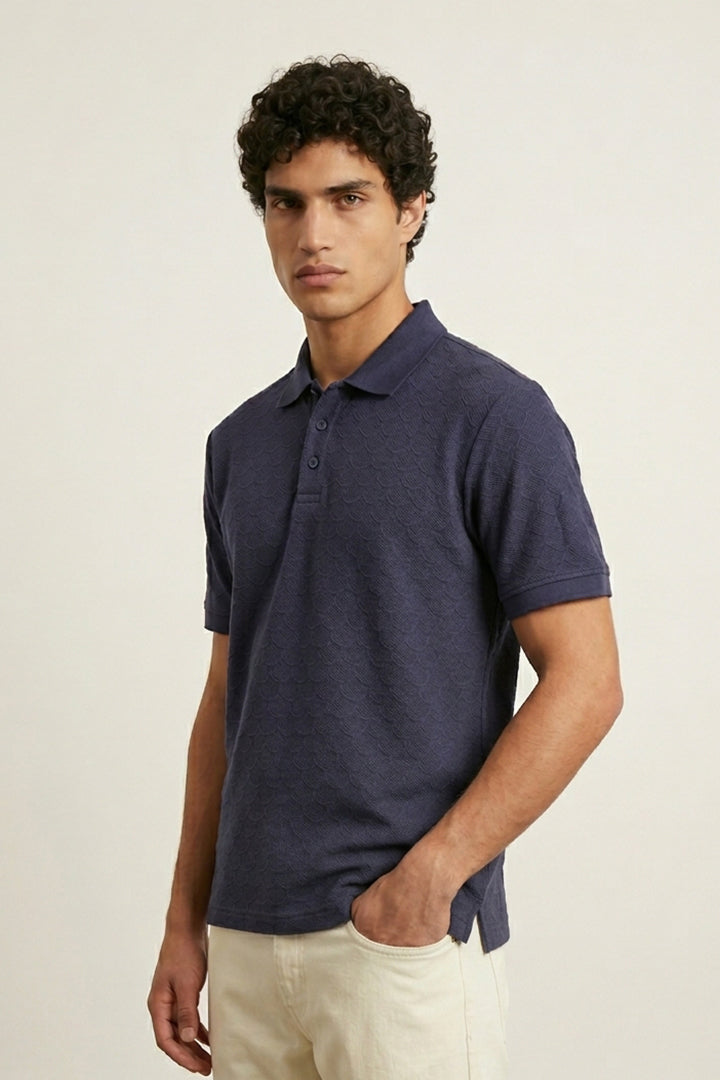 Jacquard Textured Polo - Navy Blue