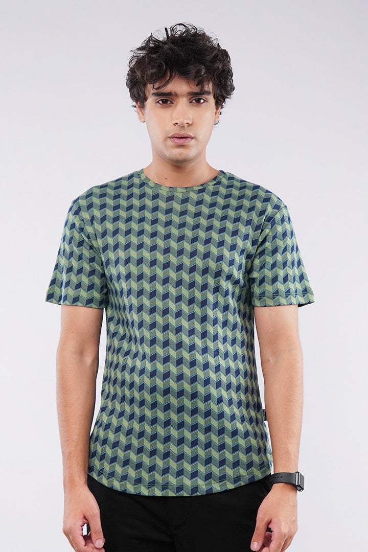 Chevron Curved Hem T-Shirt - Green & Black