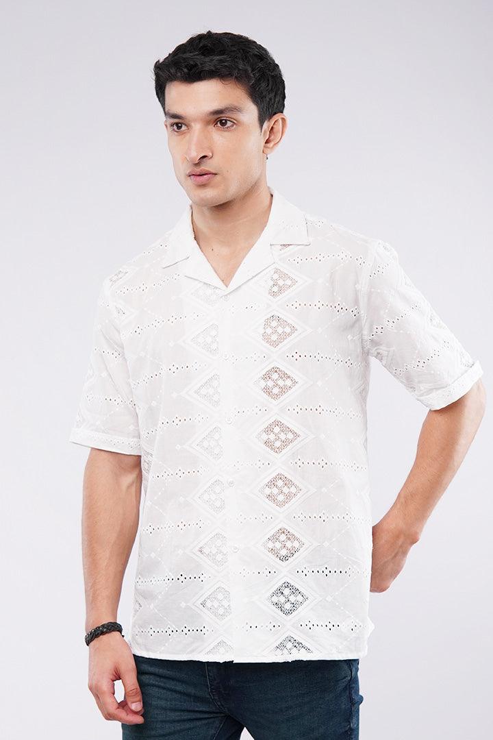 Embroidered Diamond Cuban Shirt - White - FA