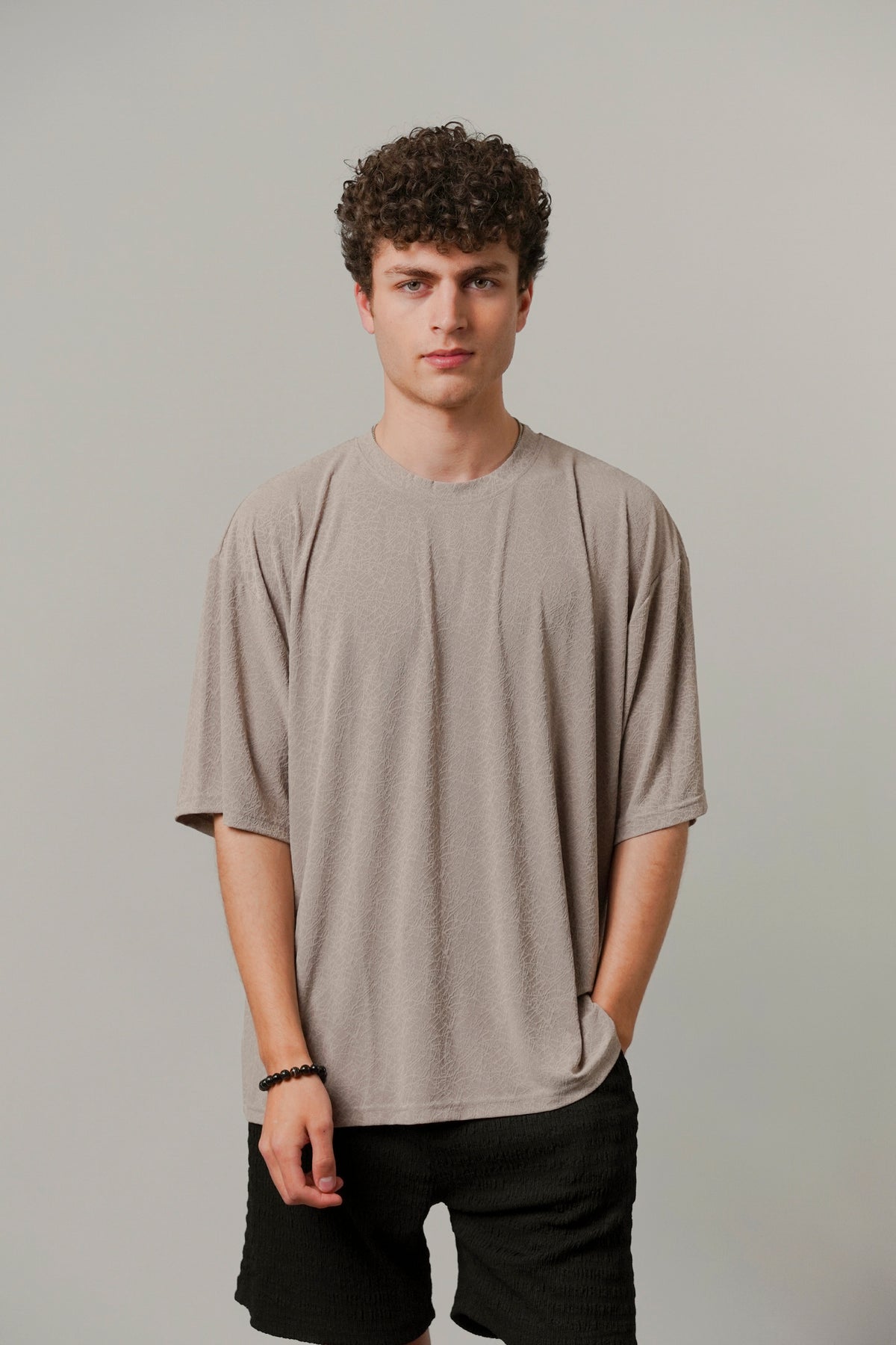 Oversized Texture Crew T-Shirt - Khaki Beige alternate view