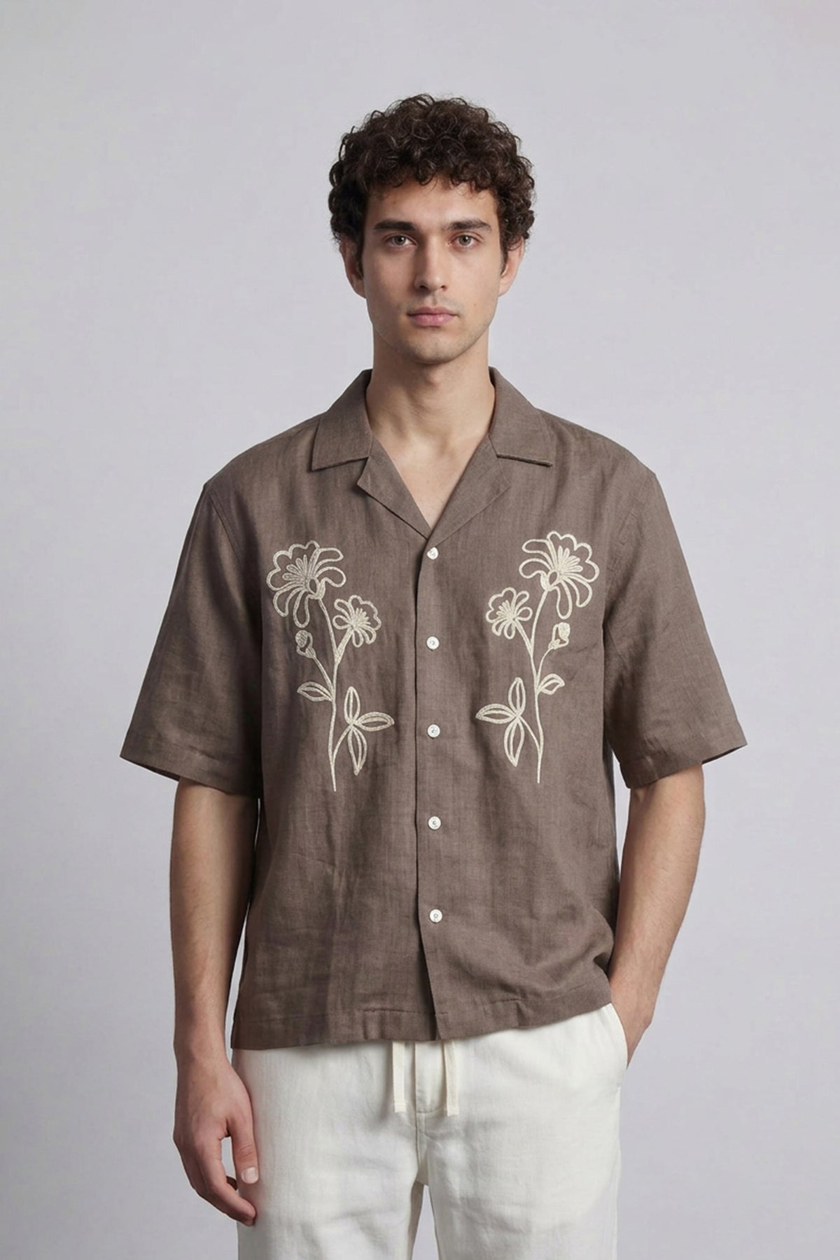 Embroidered Cuban Shirt - Brown