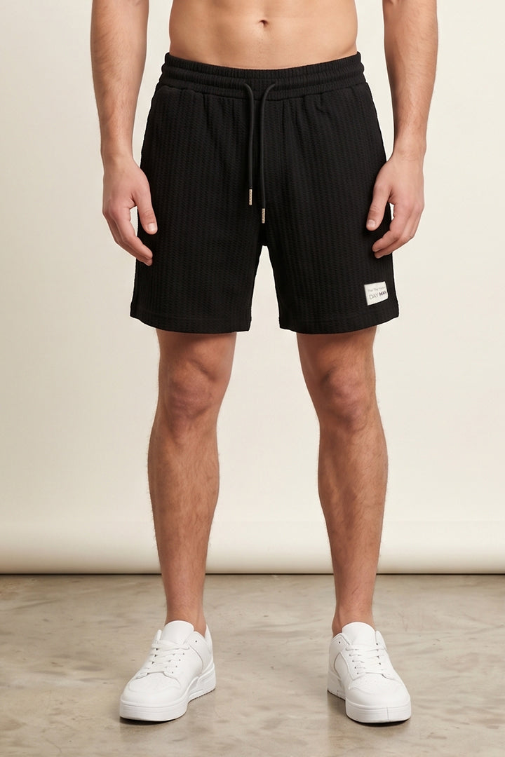 Vertical Stripe Textured Shorts - Black