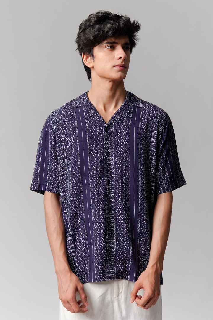 Printed Linen Cuban Shirt - Navy Blue