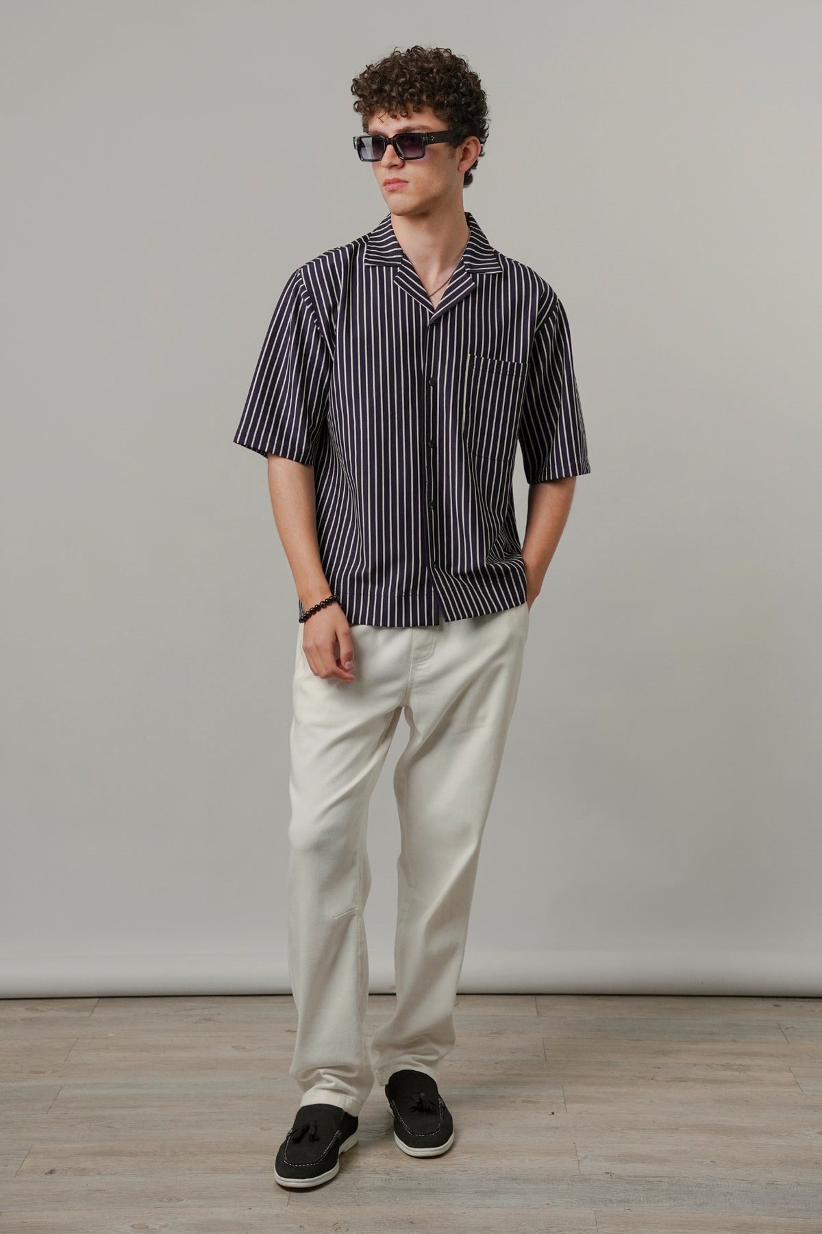 Striped Box Cuban Shirt - Navy Blue