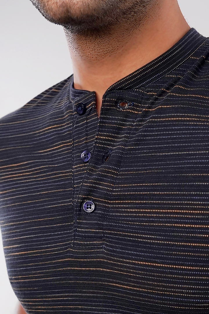 Textured Henley T-Shirt - Navy Blue alternate view