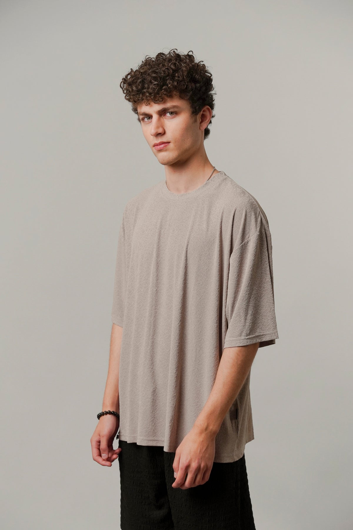 Oversized Texture Crew T-Shirt - Khaki Beige