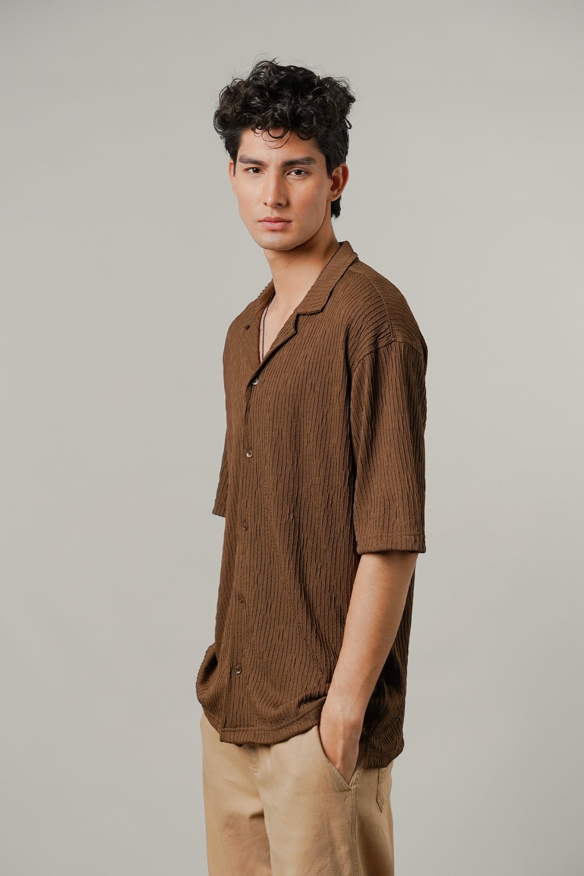 Textured Cuban Shirt - Brown