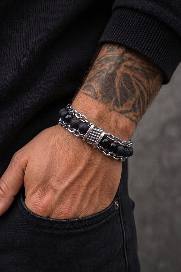 Multi-Layer Silver Chain and Textured Bead Bracelet