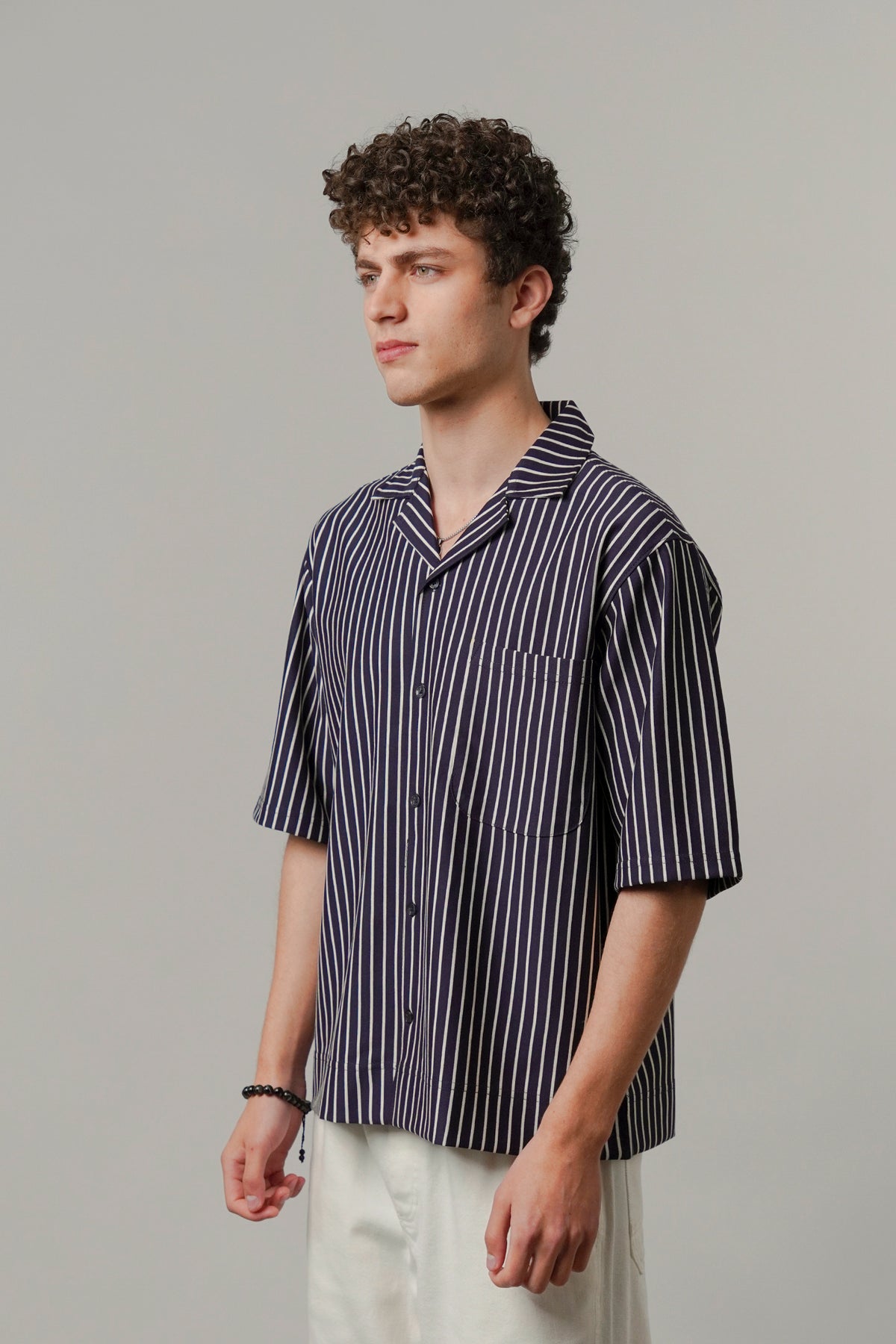 Striped Box Cuban Shirt - Navy Blue