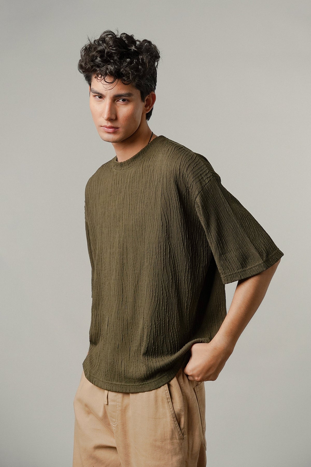 Oversized Textured Tee - Olive Green