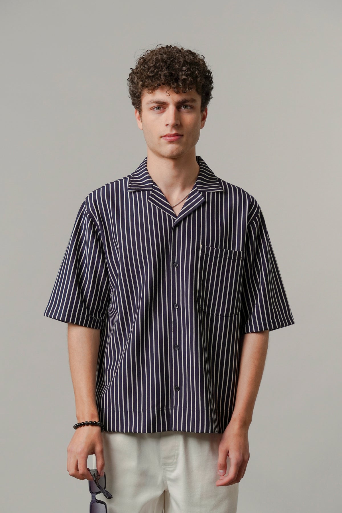 Striped Box Cuban Shirt - Navy Blue - FA