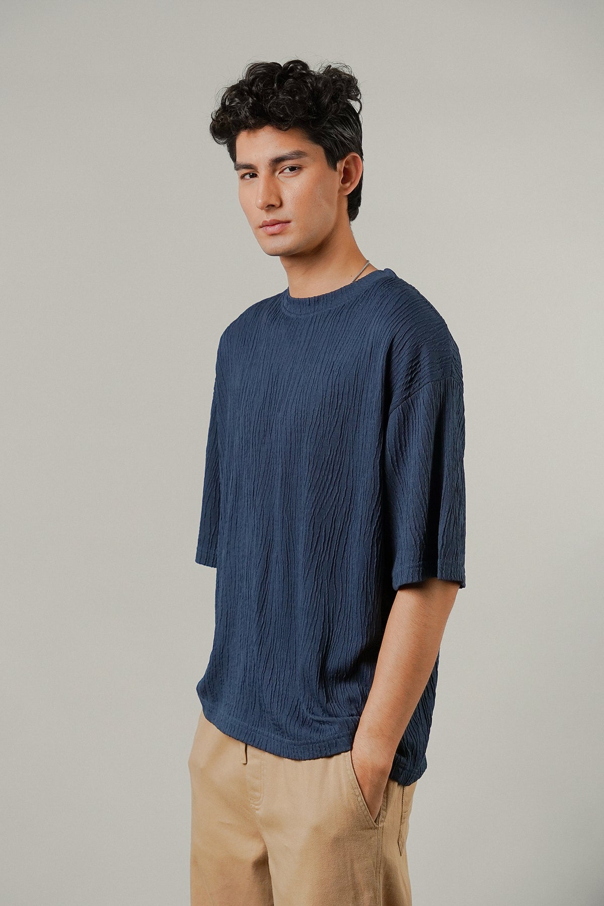 Oversized Textured Tee - Deep Blue
