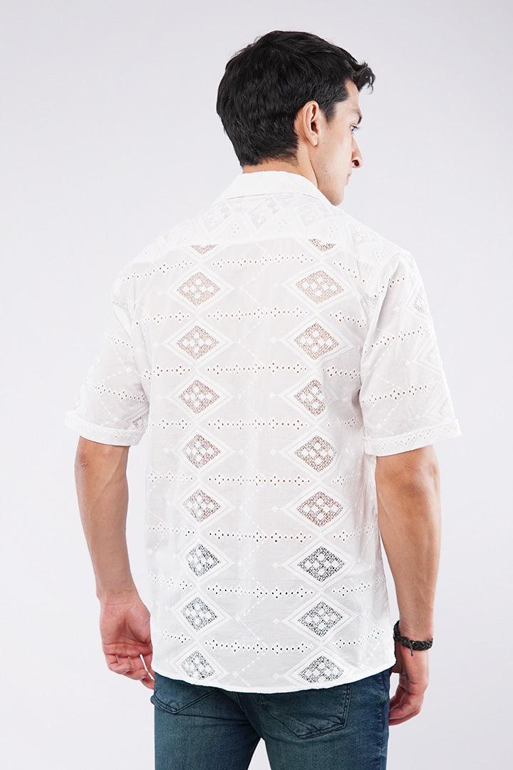 Embroidered Diamond Cuban Shirt - White - FA