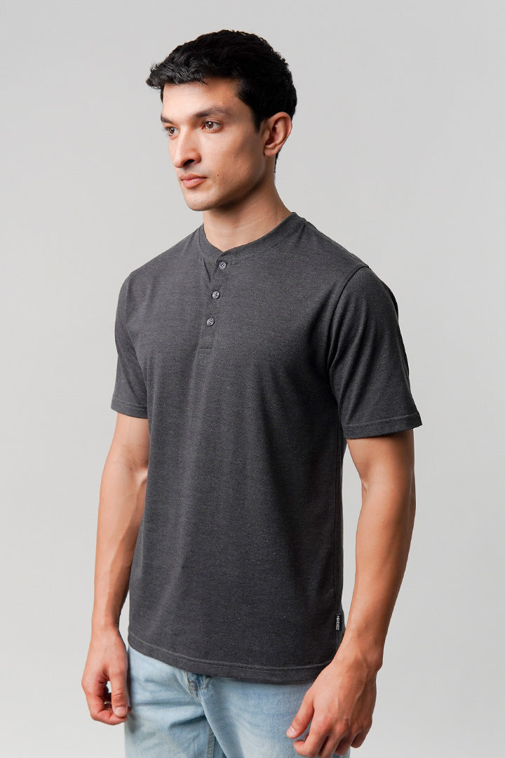Regular Fit Henley T-Shirt - Charcoal Grey