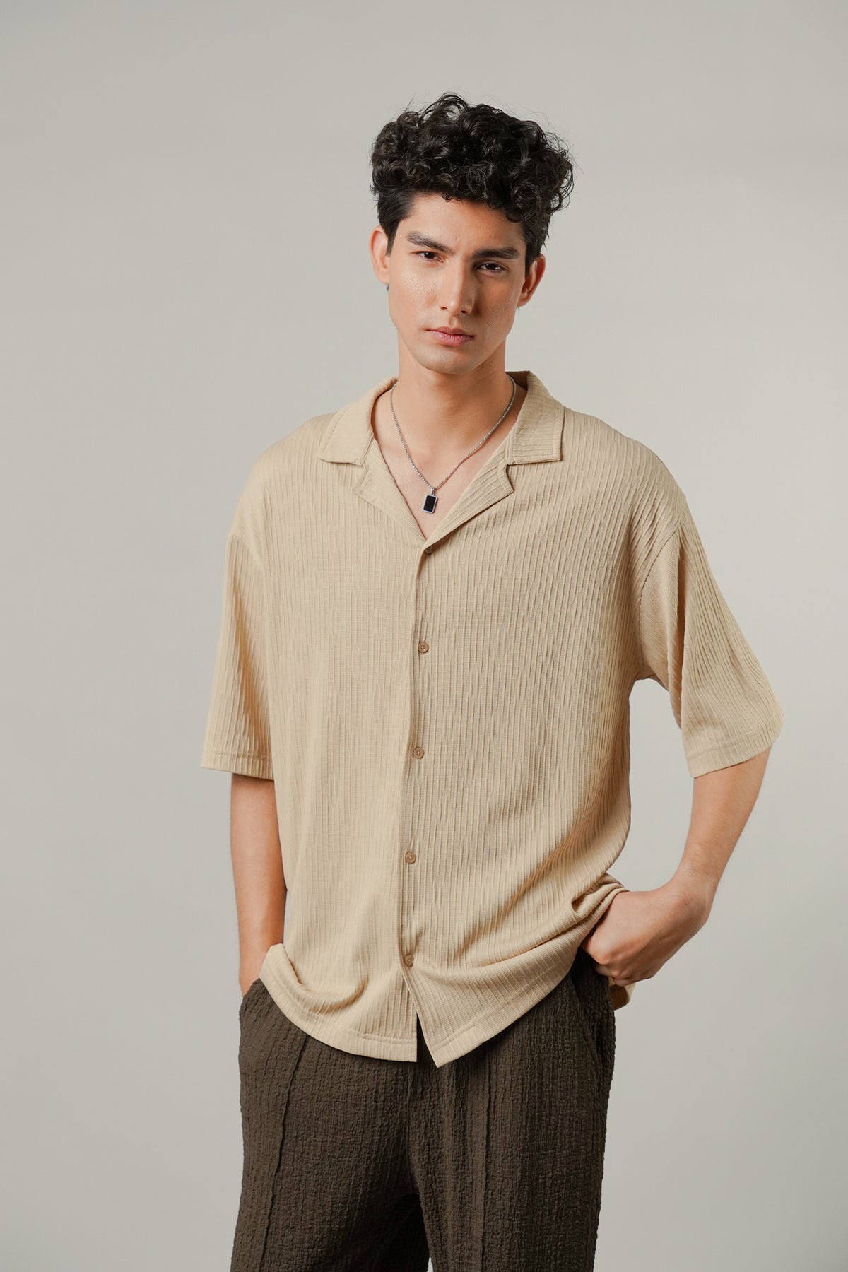 Textured Cuban Shirt - Beige