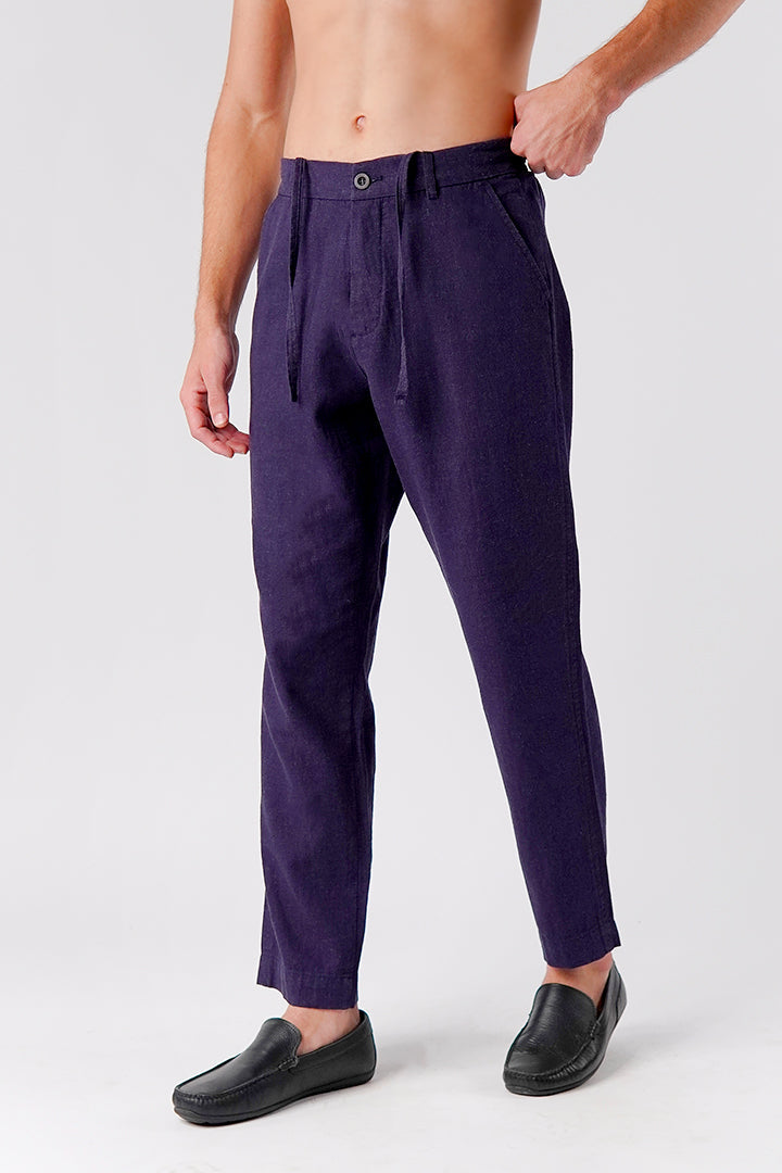 Straight Fit Linen Pants - Navy Blue - FA