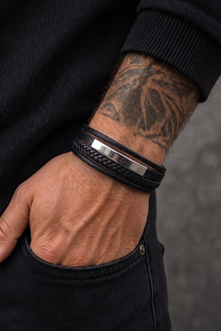 Multi-Layer Black Bracelet with Silver Bar alternate view