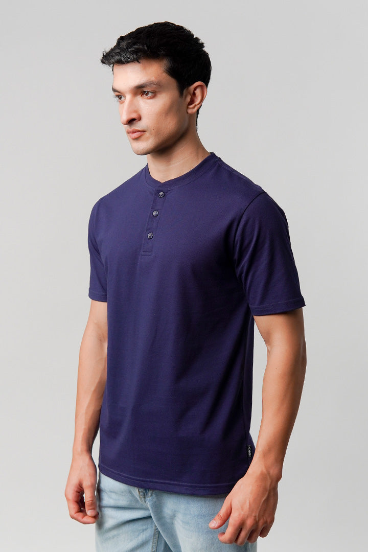 Regular Fit Henley T-Shirt - Navy Blue