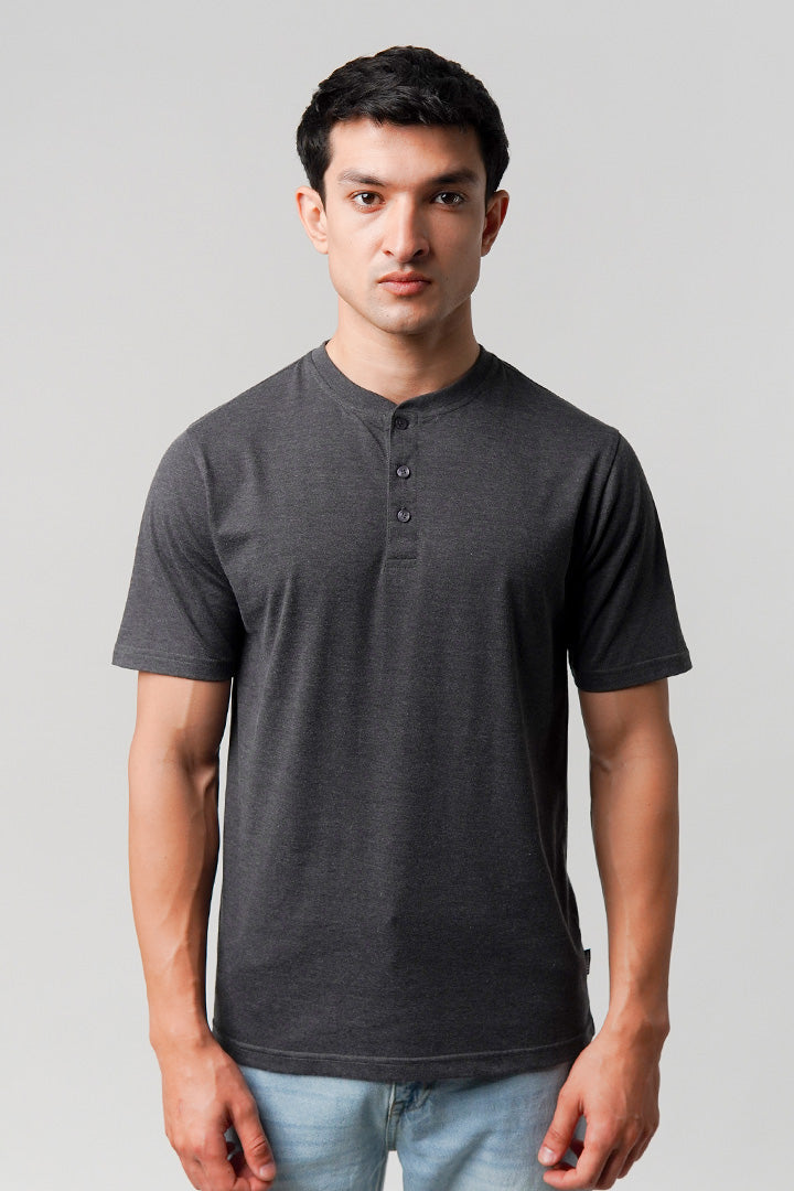 Regular Fit Henley T-Shirt - Charcoal Grey
