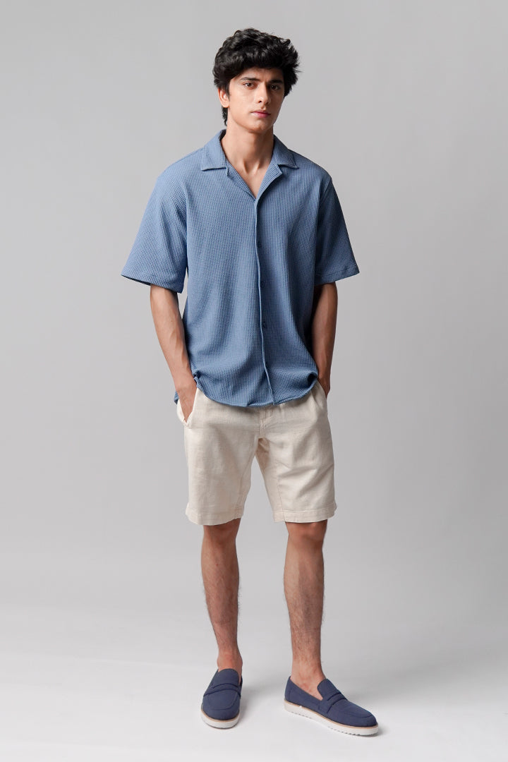 Waffle Knit Cuban Shirt - Steel Blue - FA