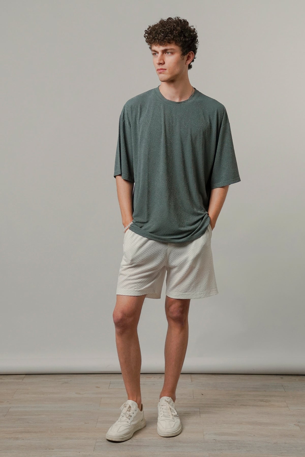 Oversized Texture Crew T-Shirt - Olive Green