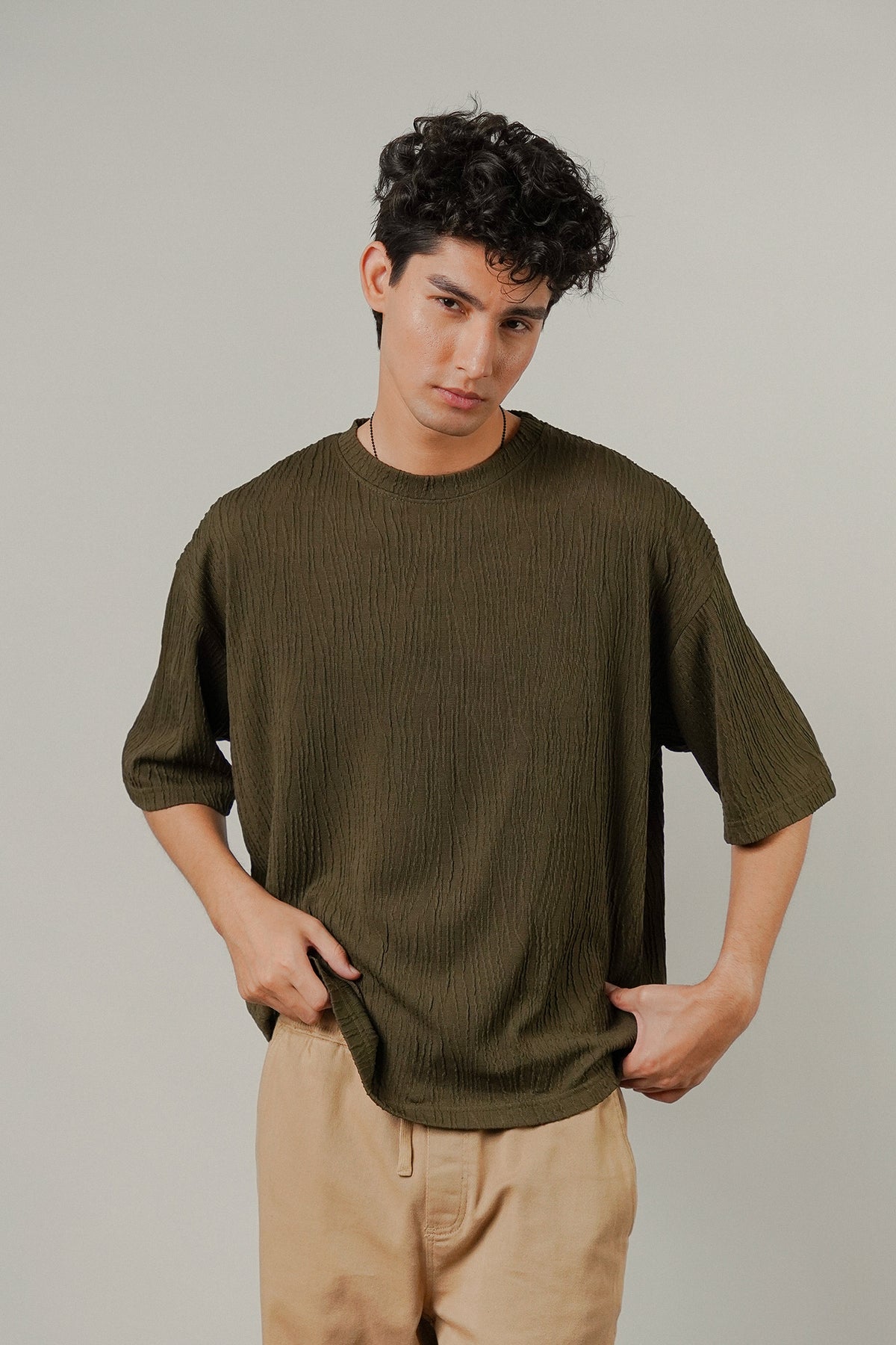 Oversized Textured Tee - Olive Green