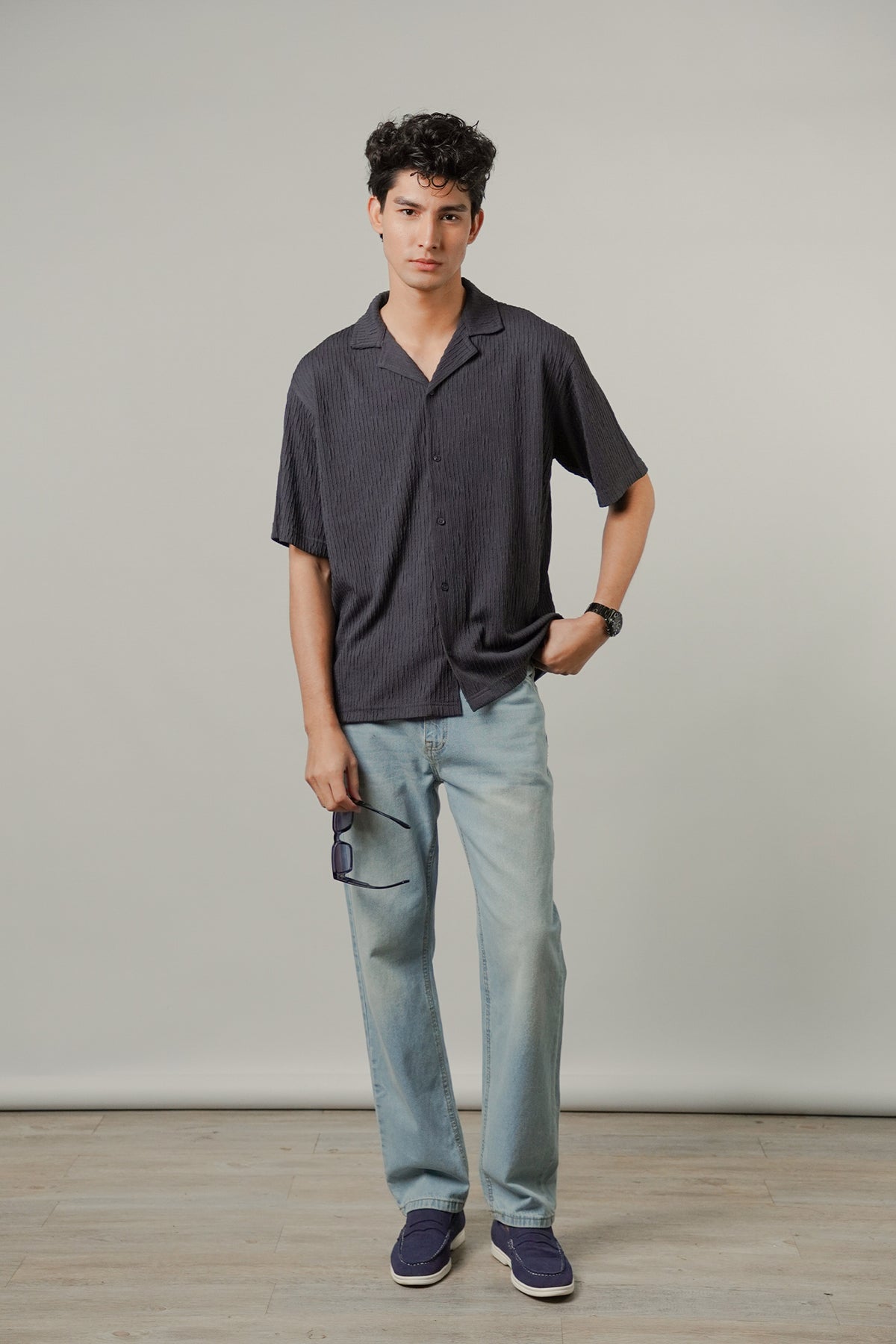 Textured Cuban Shirt - Greyish Blue