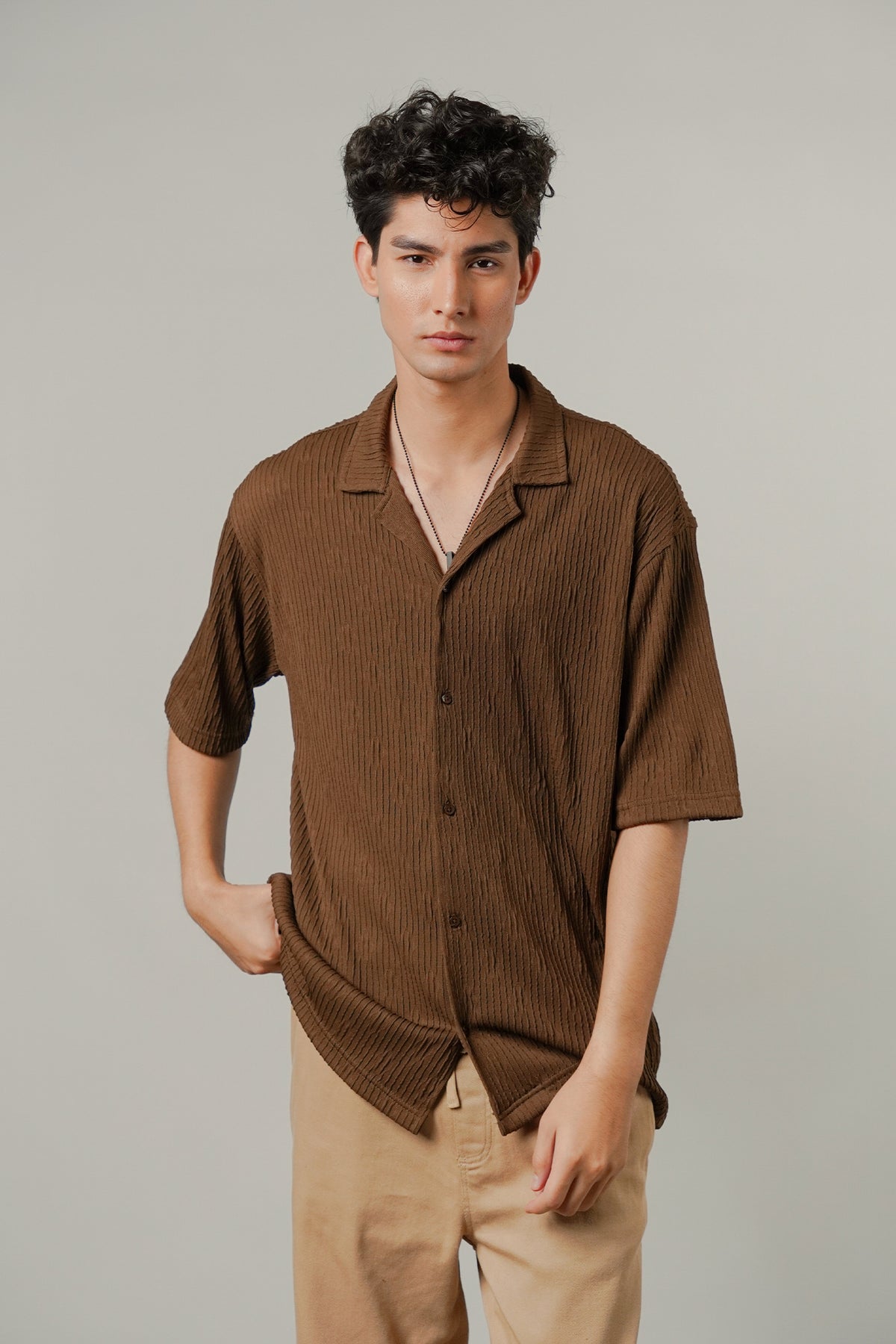 Textured Cuban Shirt - Brown