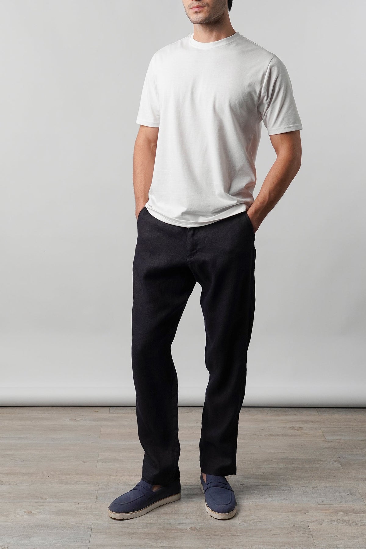 Straight Fit Linen Pants - Navy Blue - FA