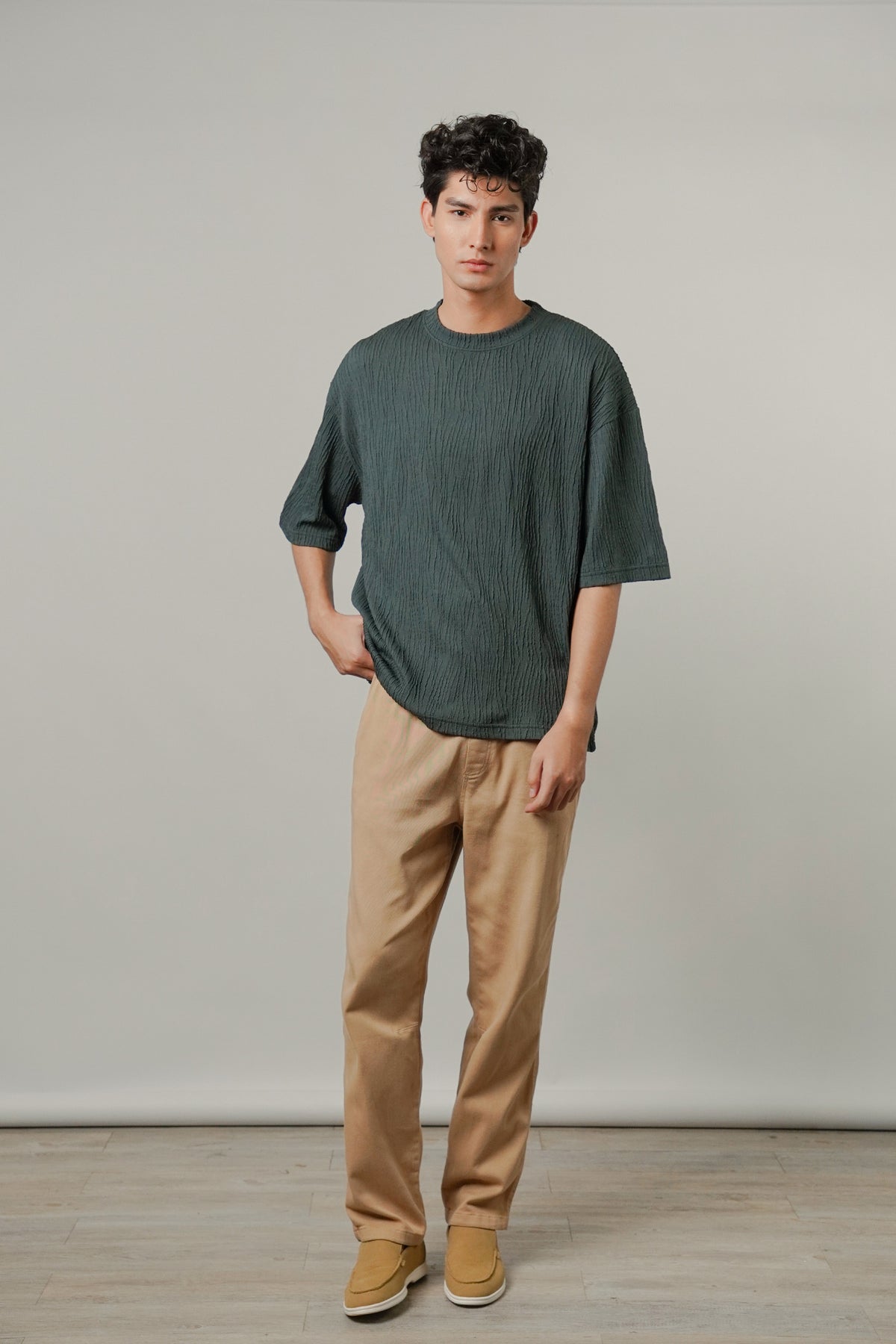Oversized Textured Tee - Charcoal Green