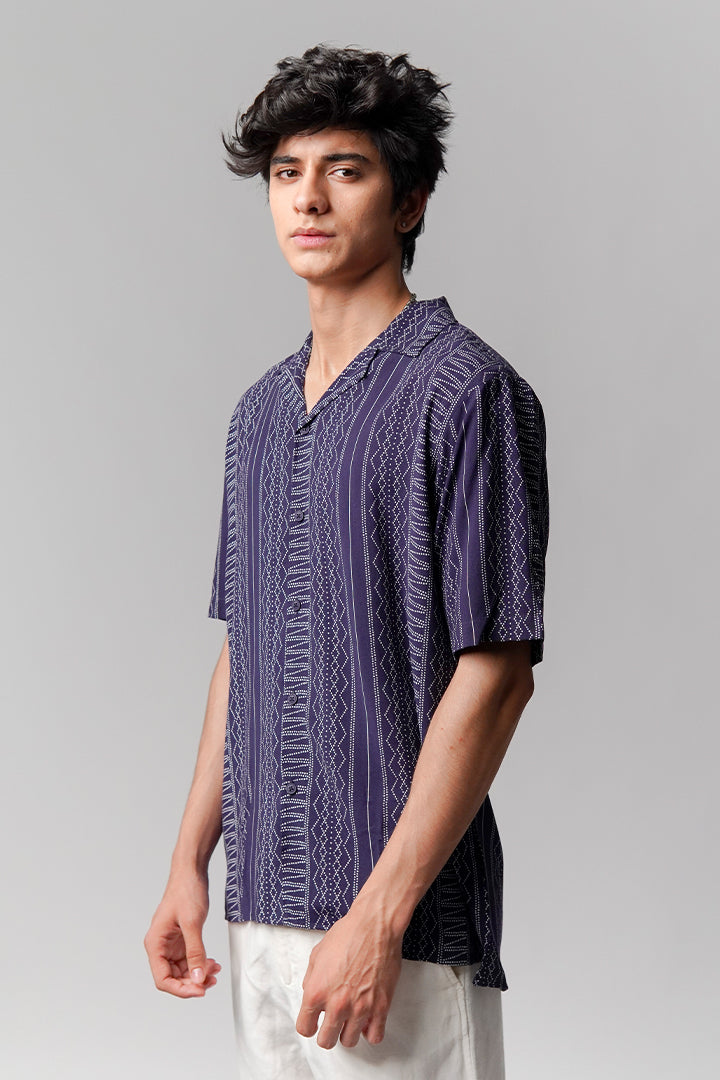 Printed Linen Cuban Shirt - Navy Blue