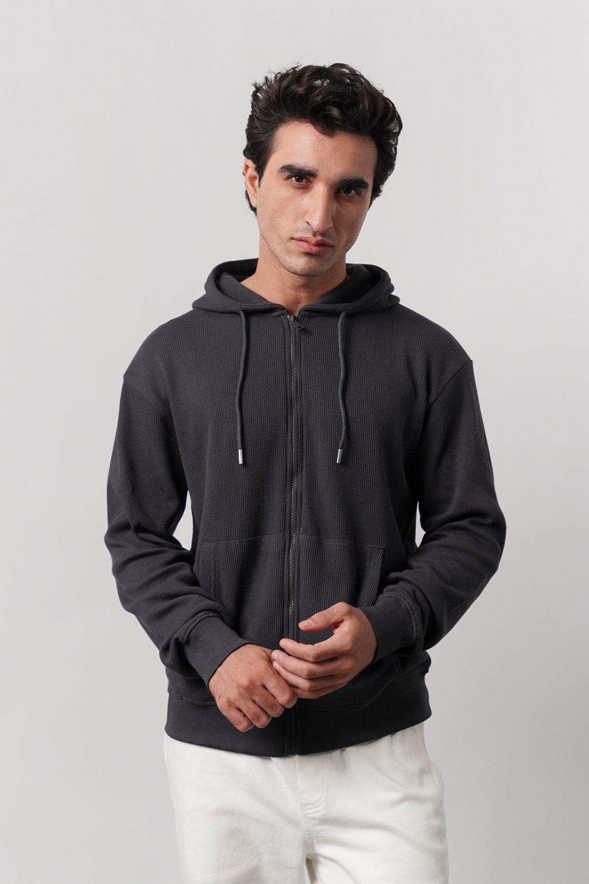 Textured Zipper Hoodie - Charcoal Grey