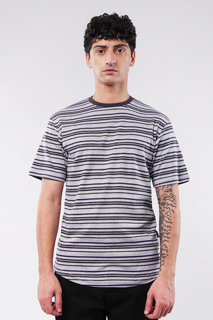 Striped Curved Hem T-Shirt - Heather Grey