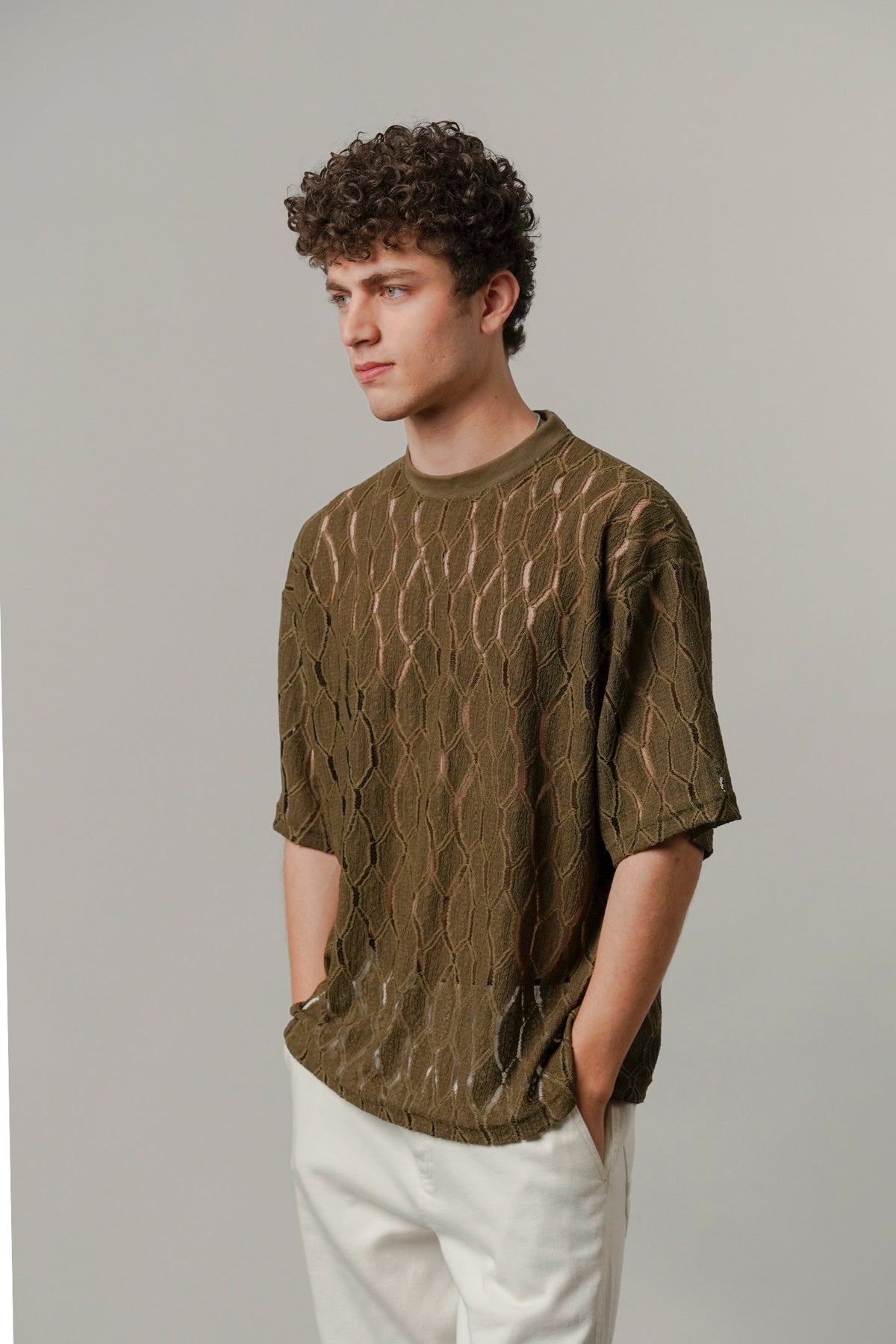 Knitted Oversized T-Shirt - Olive Green