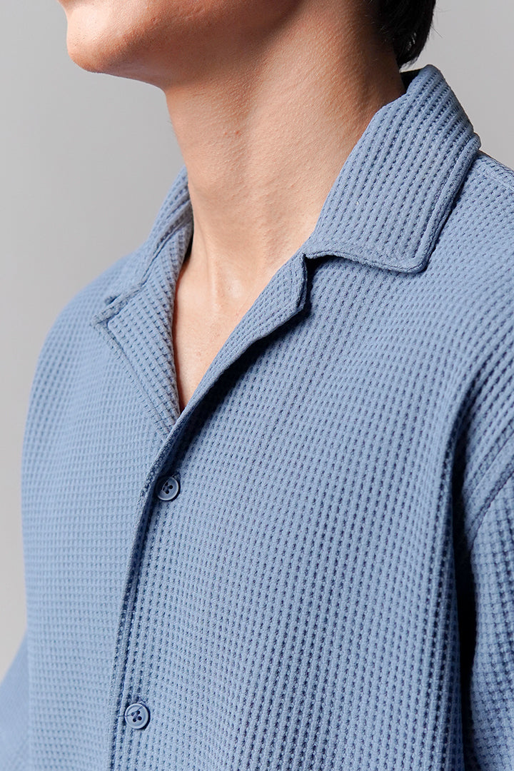 Waffle Knit Cuban Shirt - Steel Blue - FA